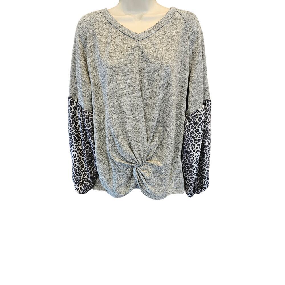 Cheetah Print Knit Top knotted front slouchy arms slub sweater L career teacher